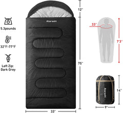 Atarashi Camping Sleeping Bag- 4 Seasons for Adults, Light, Warm, Extra-Large with Compression Sack- Great for Hiking, Backpacking & Outdoor Adventures in Cold Weather