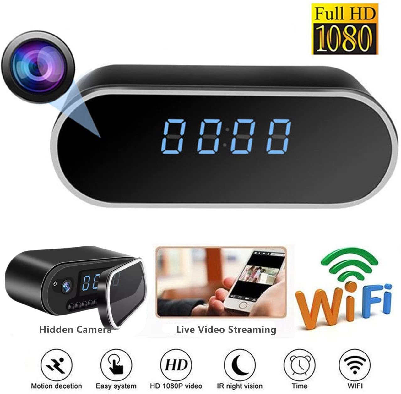 SkyNorld Spy Camera, Hidden Camera WIFI Spy Camera in Clock/HD 1080P Wireless Security Camera for Nanny Cam Night Vision Remote View Motion Dection