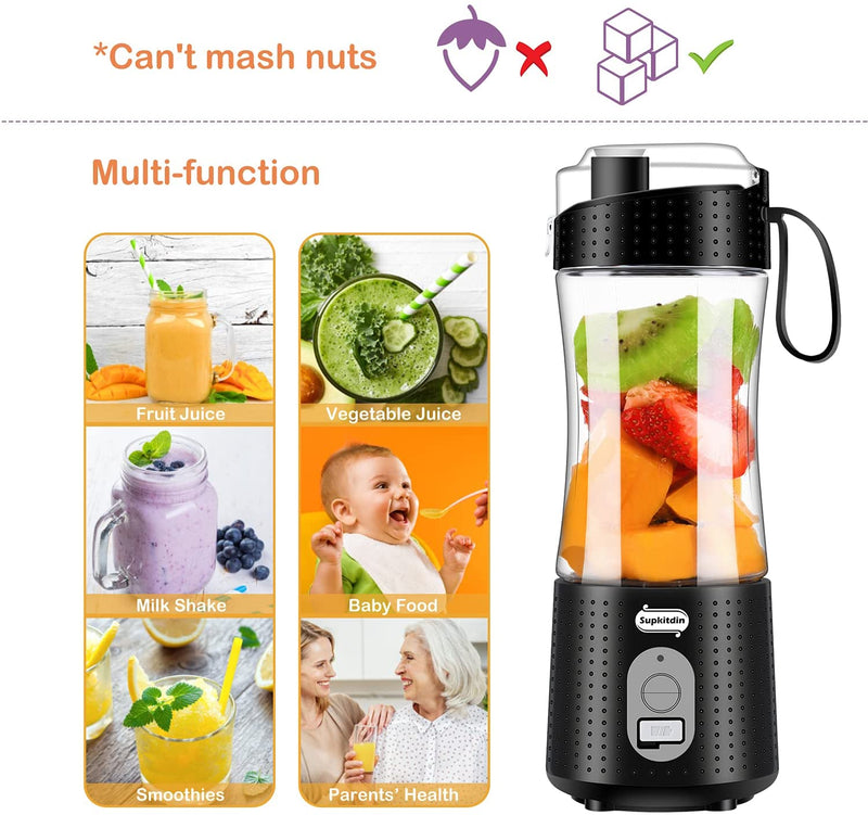 Portable Juicer Blender, USB Travel Juice Cup Baby Food Mixing Machince  with Updated 6 Blades with Powerful Motor 4000mAh Rechargeable Battery,13Oz