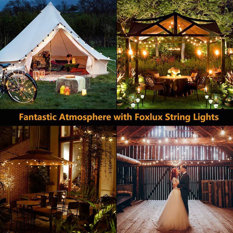FOXLUX Outdoor String Lights - 48 ft Shatterproof and Waterproof Heavy-Duty LED Outdoor Lights - 15 Hanging Sockets, 1 W Plastic Bulbs - Create Ambience for Patio, Backyard, Garden, Bistro, Cafe