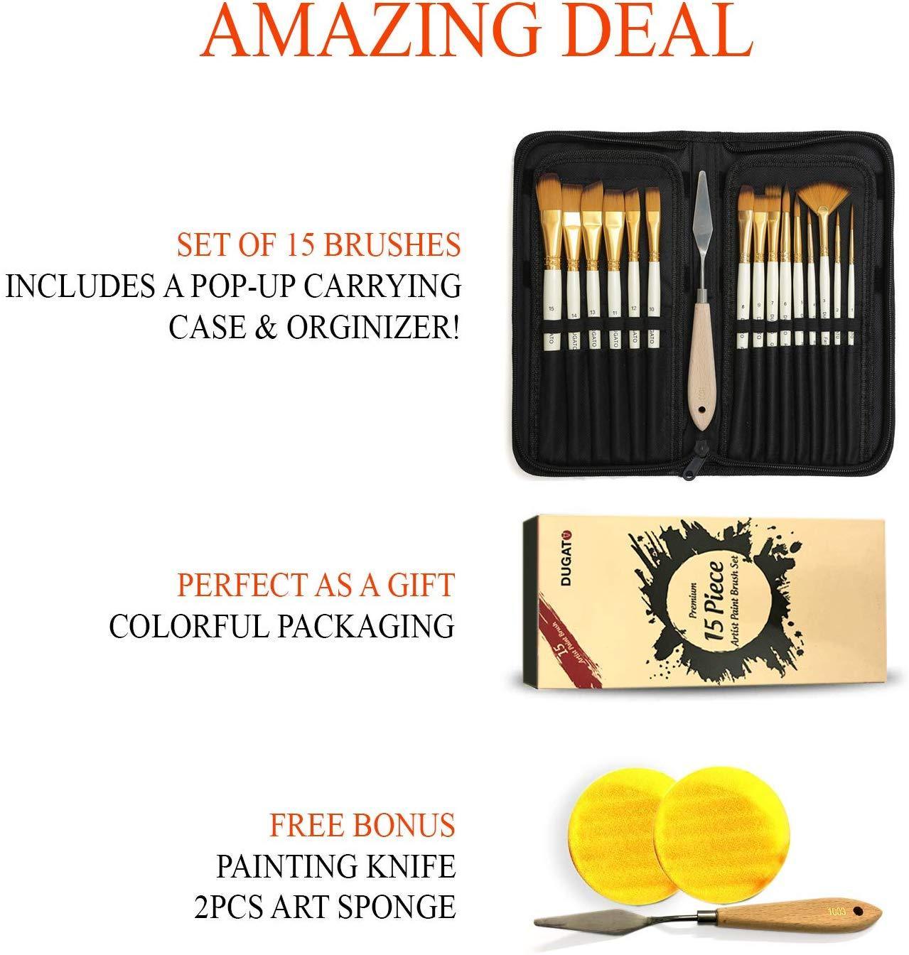 DUGATO Artist Paint Brush Set 15pcs Includes Pop-up Carrying Case with Free Palette Knife and 2 Sponges