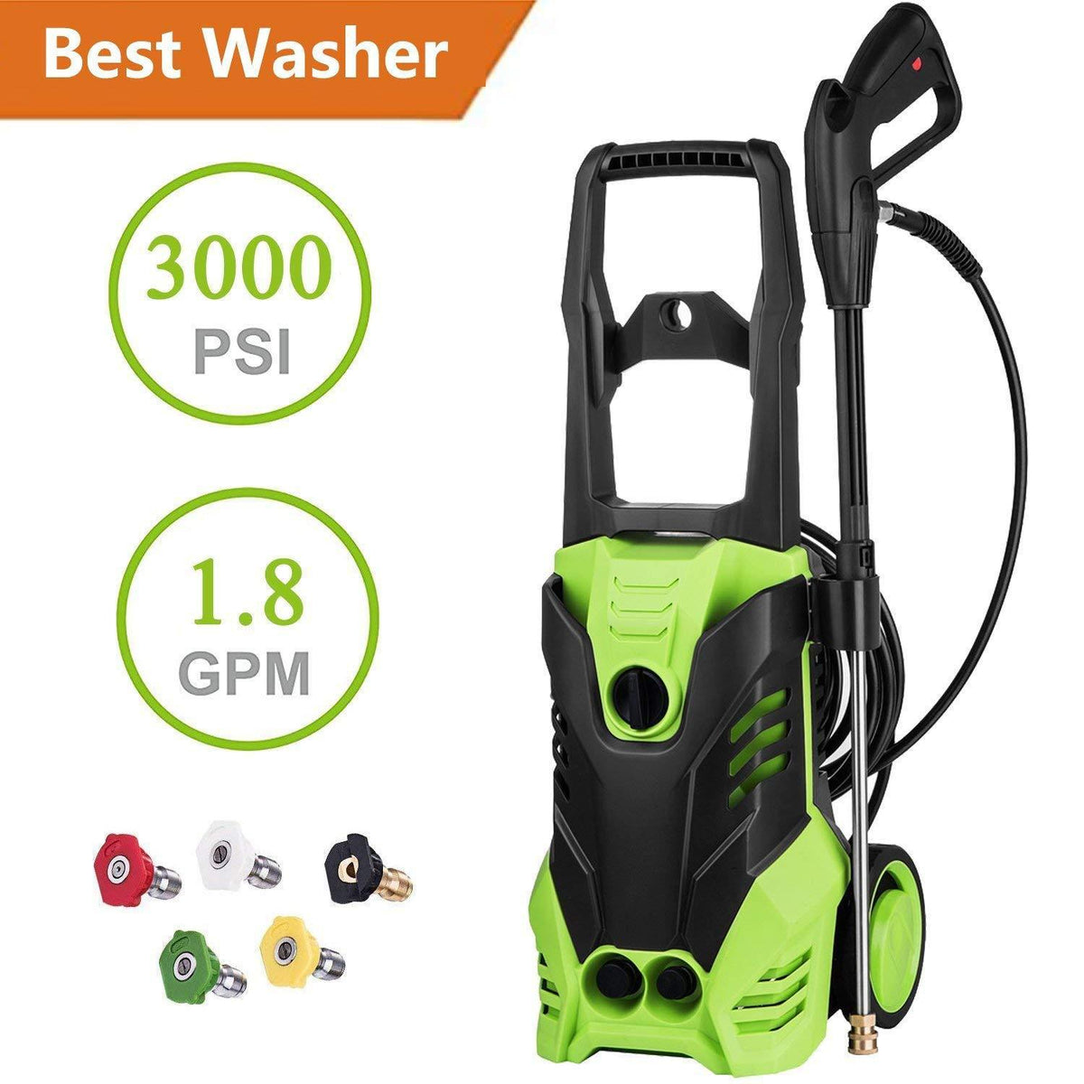 Oanon NIC4500 High Pressure Power Washer 3000 PHC Electric Pressure Washer,1800W Rolling Wheels High Pressure Professional Washer Cleaner Machine+ (5) Nozzle Adapter (3000PHC-Classic Model)