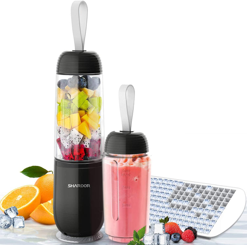 SHCRDOR Portable Smoothie Blender Personal Blender for Shakes Juice with 2 Bottles 1 Ice Cube Tray, Black