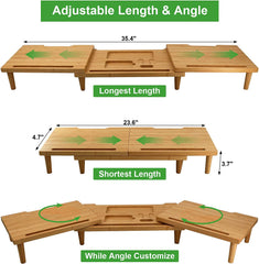BEEBO BEABO Bamboo Dual Monitor Stand Riser Desk Organizer, Adjustable Length and Angle, Multifunctional Storage Stand for Computer, Laptop, TV with Slot for Tablet, Phone, Earbuds, Pen