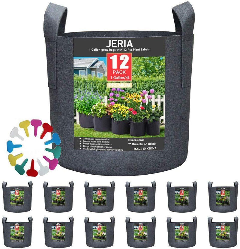 JERIA 12-Pack 1 Gallon, Vegetable/Flower/Plant Grow Bags, Aeration Fabric Pots with Handles (Black), Come with 12 Pcs Plant Labels