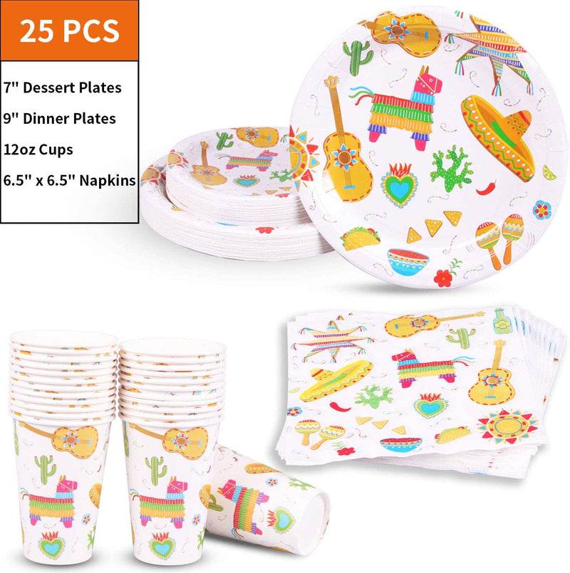 Duocute Fiesta Party Supplies 177PCS Mexican Theme Cinco De Mayo Disposable Tableware Set Includes Plates, 12oz Cups, Napkins, Spoons, Forks, Knives, Tablecloth and Banner, Serves 25