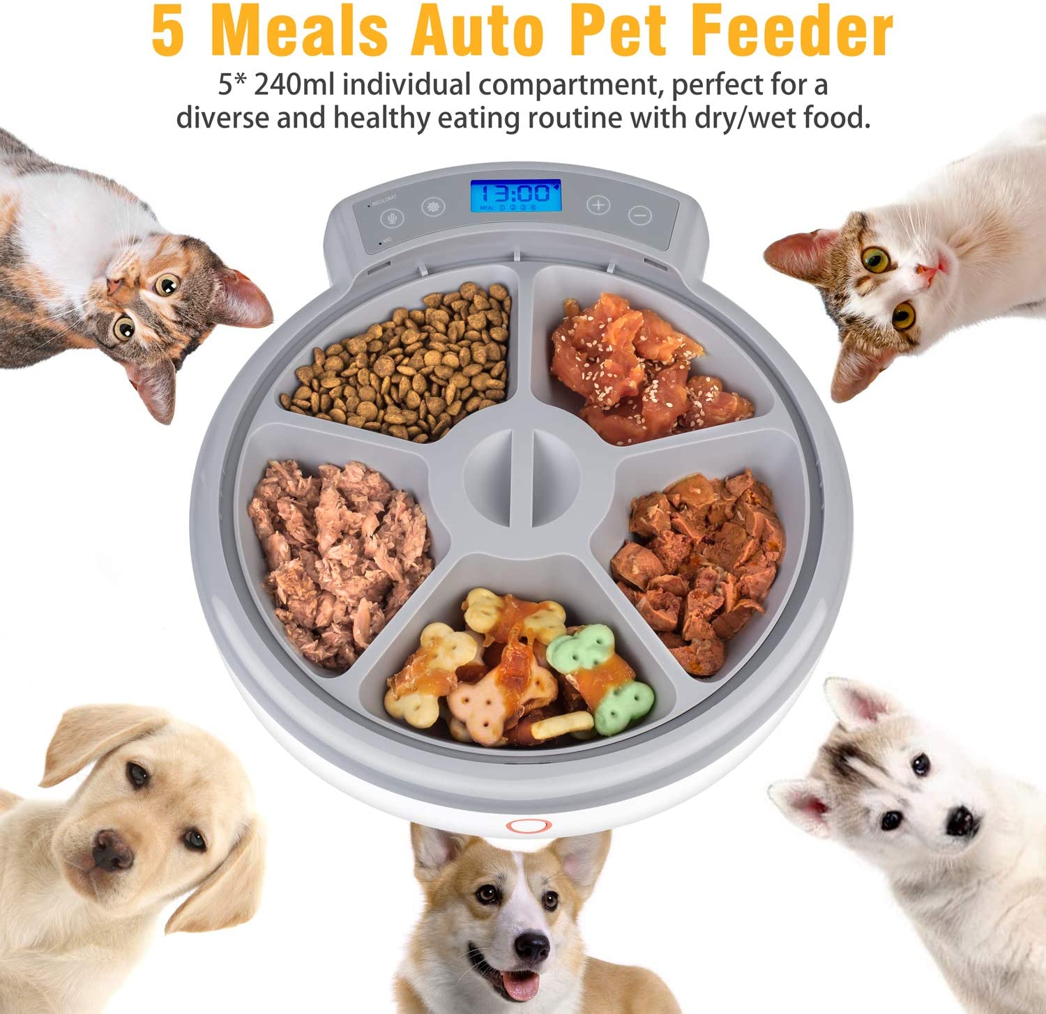Casfuy 5-meals Automatic Cat Feeder - Auto Pet Feeder with Programmable Timer Dry and Wet Food Dispenser Voice Recorder & Speaker