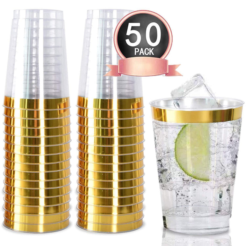 100pack Gold Plastic Cups- 12oz Clear Plastic Cups with Gold Rim-Wedding/Party Disposable Cups-Heavyweight Plastic Tumblers-OUGOLD