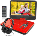 WONNIE 12.5 Inch Portable DVD Player, 10.5" Swivel Screen, 4 Hour Rechargeable Battery, USB / SD Slot (RED)