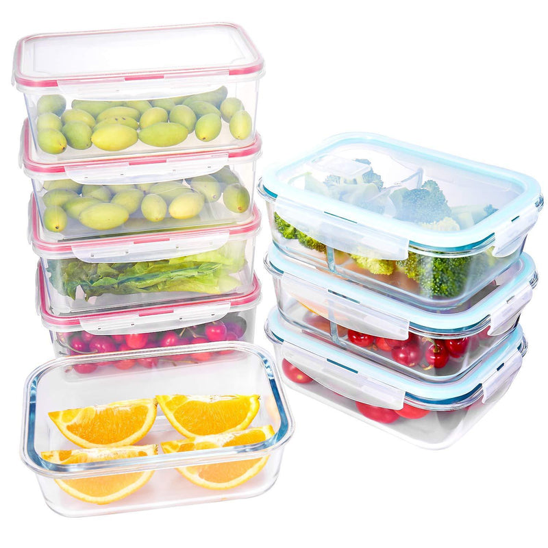 Plastic and Glass Food Containers with lids 8 Pack, KOMUEE Airtight Leak Proof Easy Snap Lock, BPA Free,FDA Approved,Set for Lunch Containers Kitchen Use,Microwave, Oven, Freezer and Dishwasher Safe