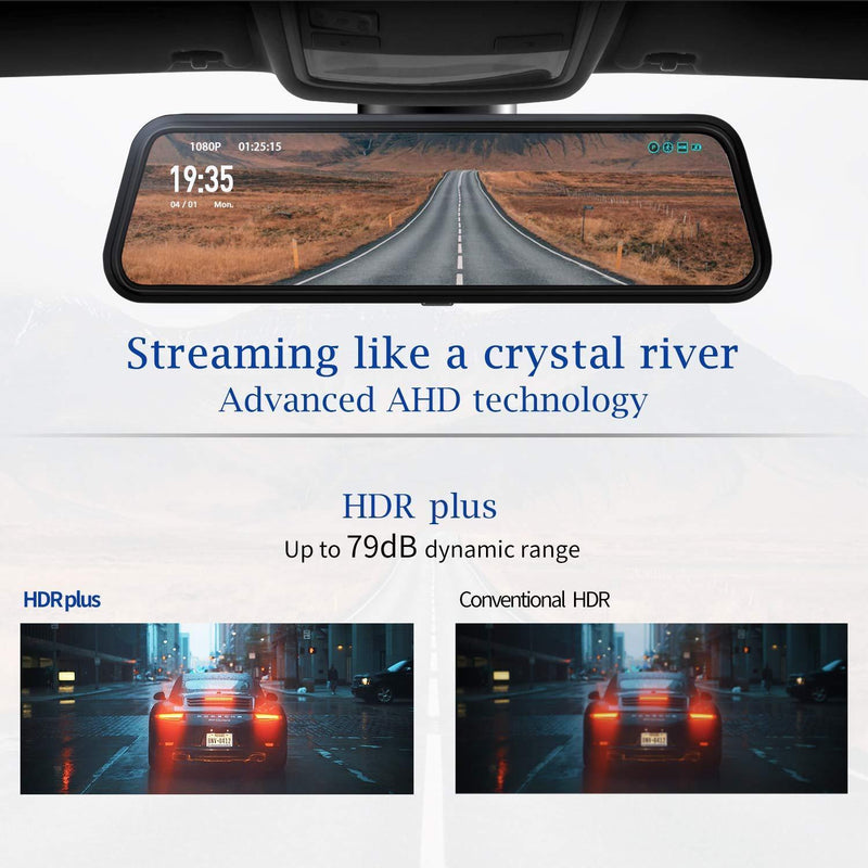 Dash Cam, DuDuBell 10" Mirror Dash Cam with Reverse Assistance, Backup Camera Dual 1080P External GPS, Front and Sony IMX323 Rear Camera with Night Vision IPS Touch Screen Wide Angle HDR+