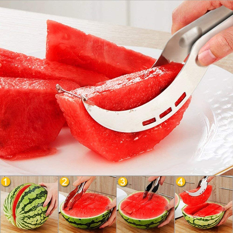 Watermelon Slicer Cutter Corer Server Multipurpose All in One Stainless Steel Knife Melon & Fruit Carving Slice Comfortable Rubber Handle Corer Tongs & Dicer Best Kitchen Gifts Tool Chuzy Chef