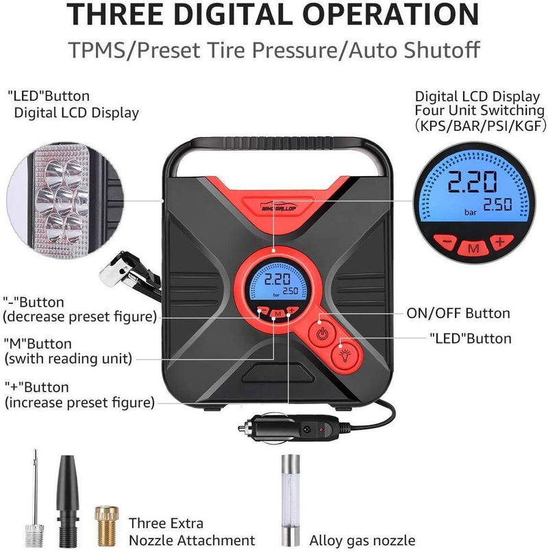 Portable AIR Compressor Tire Inflator WindGallop Car Air Pump with Digital Preset Pressure Gauge Auto Shut Off DC 12V Extra Nozzle LED Light For Car Tyre Basketball Motorcycle Bicycle Pool Toys