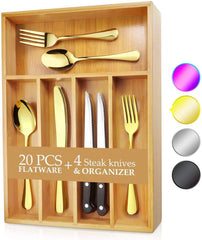 KaryHome  24-Piece Silverware  Set, Flatware Set Mirror Polished, Dishwasher Safe Service for 4, Include Knife/Fork/Spoon with Bamboo 5-Compartment Silverware Drawer Organizer Box