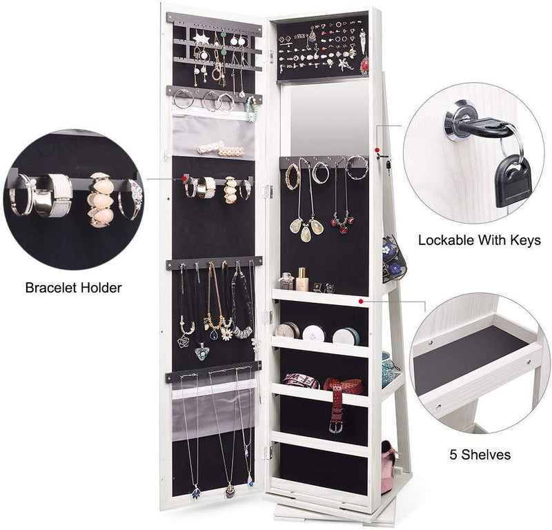 TWING Jewelry Organizer Jewelry Cabinet 360 Rotating, Lockable Standing Wall Jewelry Armoire with Full Length Mirror Large Jewelry Armoire Cabinet(White with Wood Grain)