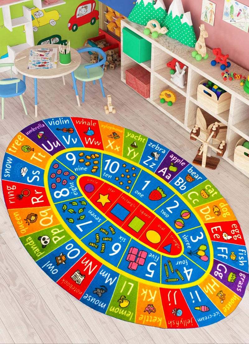 KC Cubs Playtime Collection ABC Alphabet, Numbers and Shapes Educational Learning & Game Area Oval Rug Carpet for Kids and Children Bedrooms and Playroom