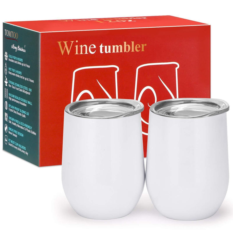 TOMTOO Insulated Wine Tumbler With Lid,12 oz Double Wall Vacuum Insulated Stainless Steel Wine Glasses for Wine, Coffee, Drinks, Champagne, Cocktails，2 Pack