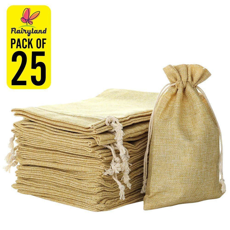 FLAIRYLAND 5" X 8" Natural Linen Burlap Bags with Jute Drawstring for GiftBags Wedding Party Favors Jewelry Pouch, ChristmasBirthday Presents, Snack Sacks and DIY Craft Arts Projects, Lot of 25