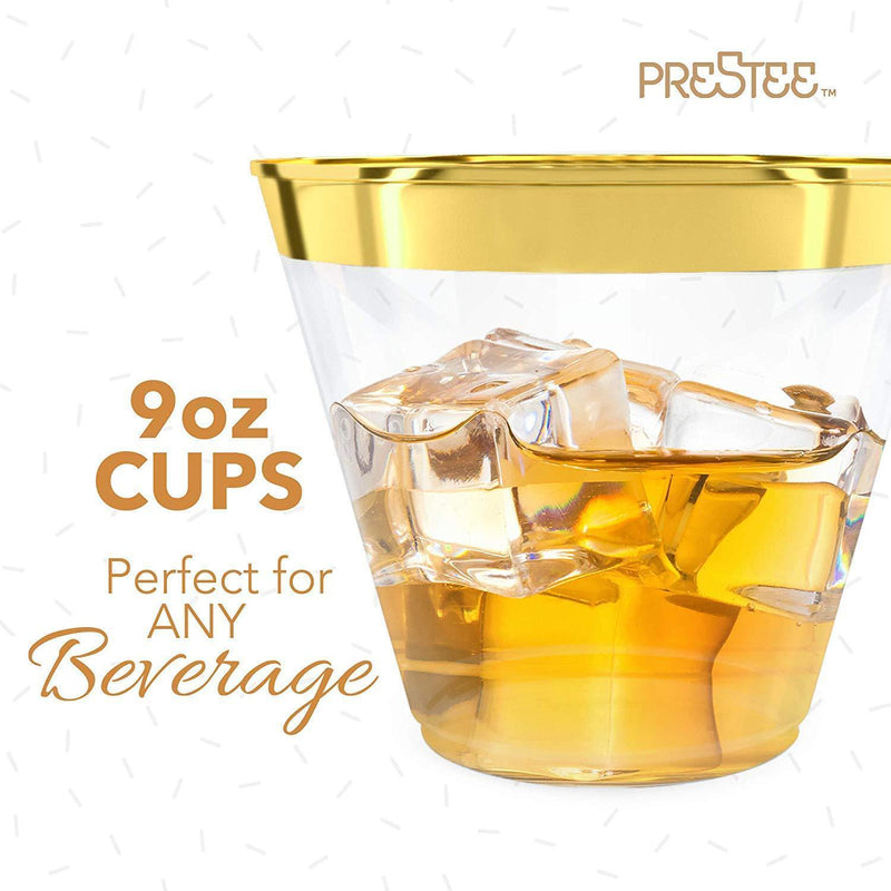 PRESTEE  200 Gold Plastic Cups | 9 oz | Hard Disposable Cups | Plastic Wine Cups | Plastic Cocktail Glasses | Plastic Drinking Cups | Bulk Party Cups | Wedding Tumblers | Clear Plastic Cups With Gold Rim