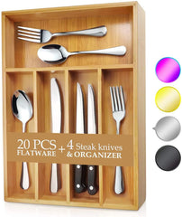 KaryHome  24-Piece Silverware  Set, Flatware Set Mirror Polished, Dishwasher Safe Service for 4, Include Knife/Fork/Spoon with Bamboo 5-Compartment Silverware Drawer Organizer Box