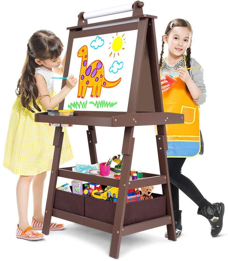 Evergreen Art Supply Kids Art Easel, 3 in 1 Double Durable Sided Art Easel with Chalk Board & Paper Roll, Two Storey Storage Space with Two Storage Bins