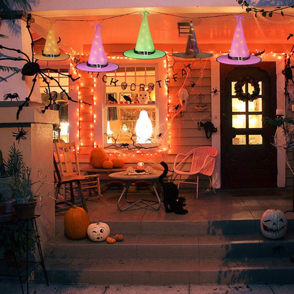 Opard Halloween Decorations Outdoor 8Pcs Hanging Glowing Lighted Witch Hat Decorations String Lights Battery Operated Halloween Décor for Outdoor Yard Tree