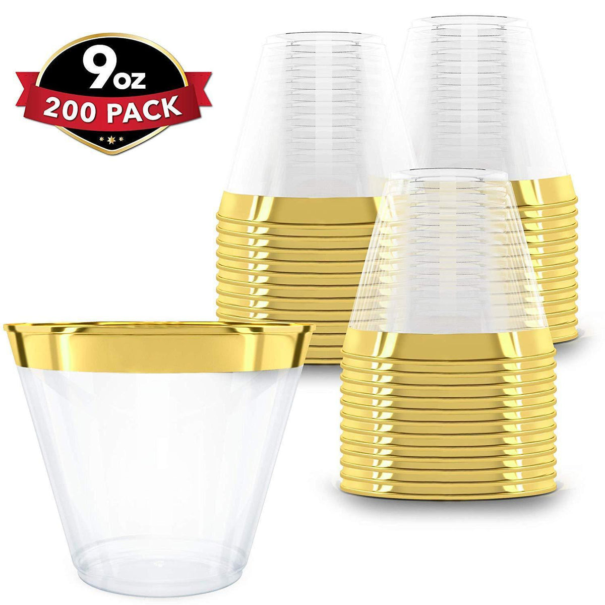 PRESTEE  200 Gold Plastic Cups | 9 oz | Hard Disposable Cups | Plastic Wine Cups | Plastic Cocktail Glasses | Plastic Drinking Cups | Bulk Party Cups | Wedding Tumblers | Clear Plastic Cups With Gold Rim