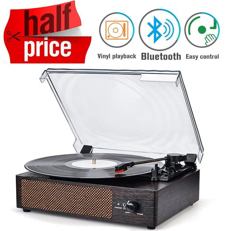 Record Player Portable Bluetooth LP Belt-Drive 3-Speed Turntable with Built in Stereo Speakers, Vintage Style Vinyl Record Player (Vintage Style-Brown)