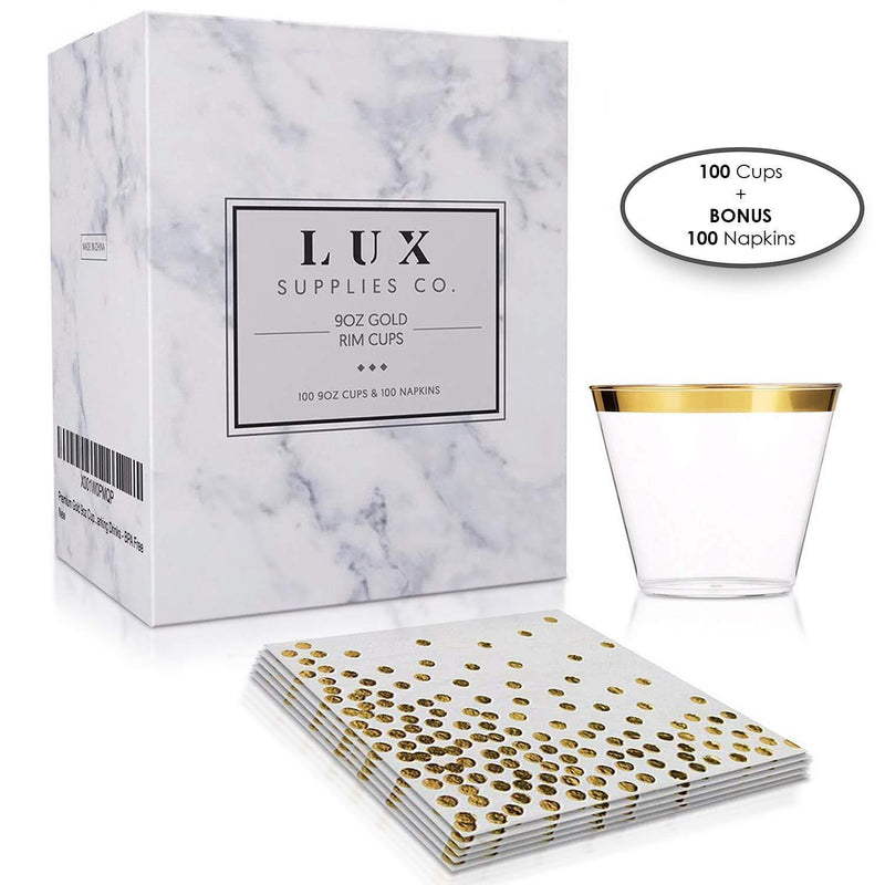 Premium Gold 9oz Cups – 100 Pack + 100 Napkins – Disposable or Reusable Plastic Decorative Glasses For Weddings, Baby Showers, Cocktails, Wine, Champagne Toasts, Sparkling Drinks – BPA Free