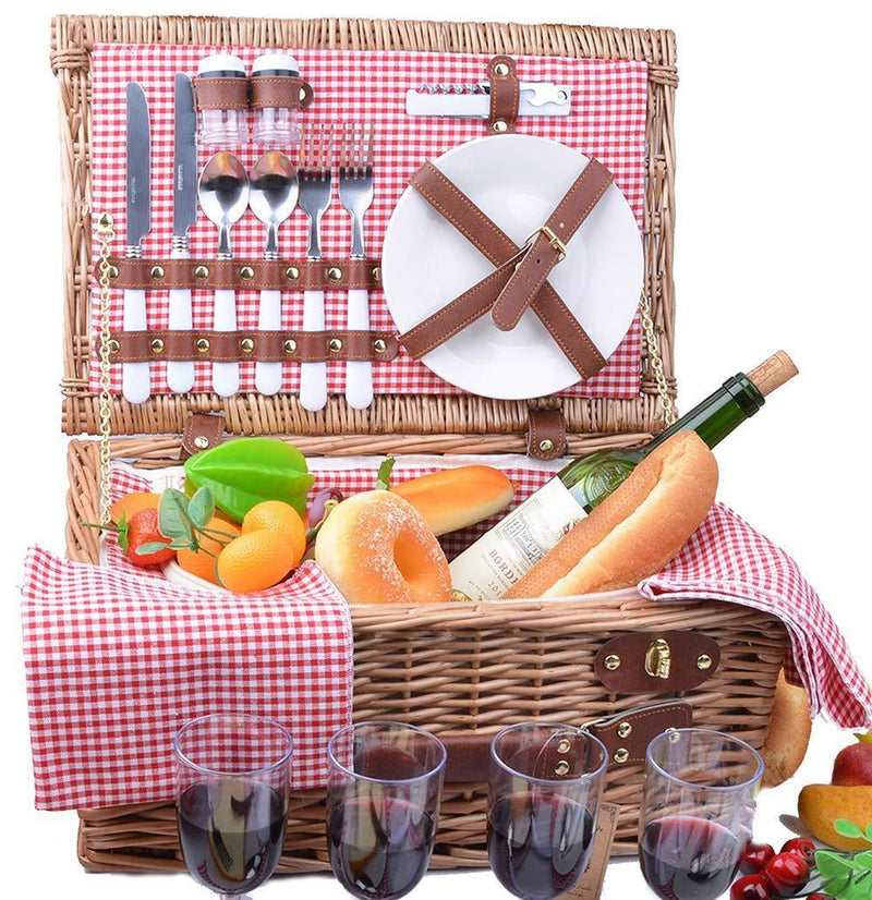 SatisInside Upgrade 2019 USA Insulated Deluxe 16Pcs Kit Wicker Picnic Basket Set for 2 People - Reinforced Handle - Blue Gingham
