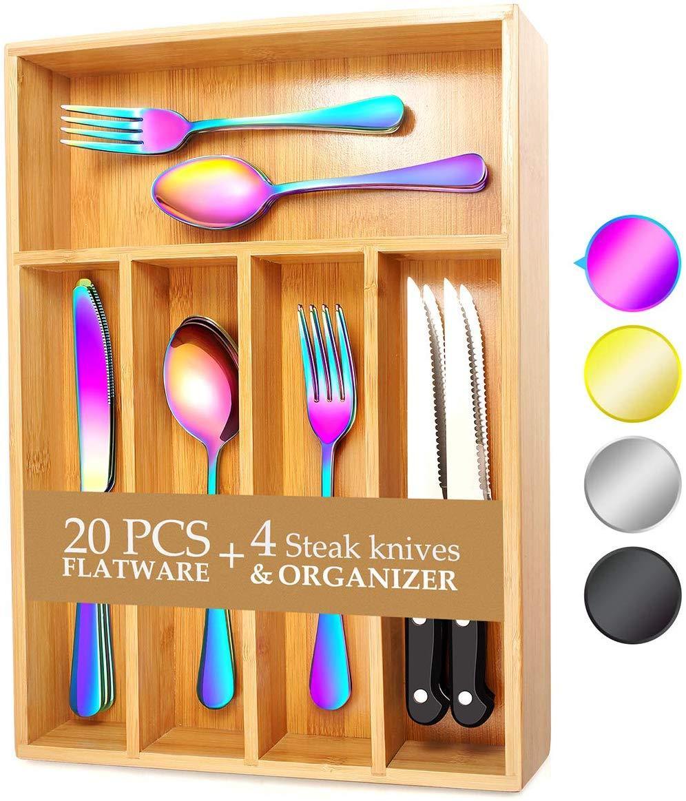 KaryHome  24-Piece Silverware  Set, Flatware Set Mirror Polished, Dishwasher Safe Service for 4, Include Knife/Fork/Spoon with Bamboo 5-Compartment Silverware Drawer Organizer Box