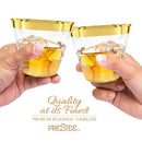 PRESTEE  200 Gold Plastic Cups | 9 oz | Hard Disposable Cups | Plastic Wine Cups | Plastic Cocktail Glasses | Plastic Drinking Cups | Bulk Party Cups | Wedding Tumblers | Clear Plastic Cups With Gold Rim