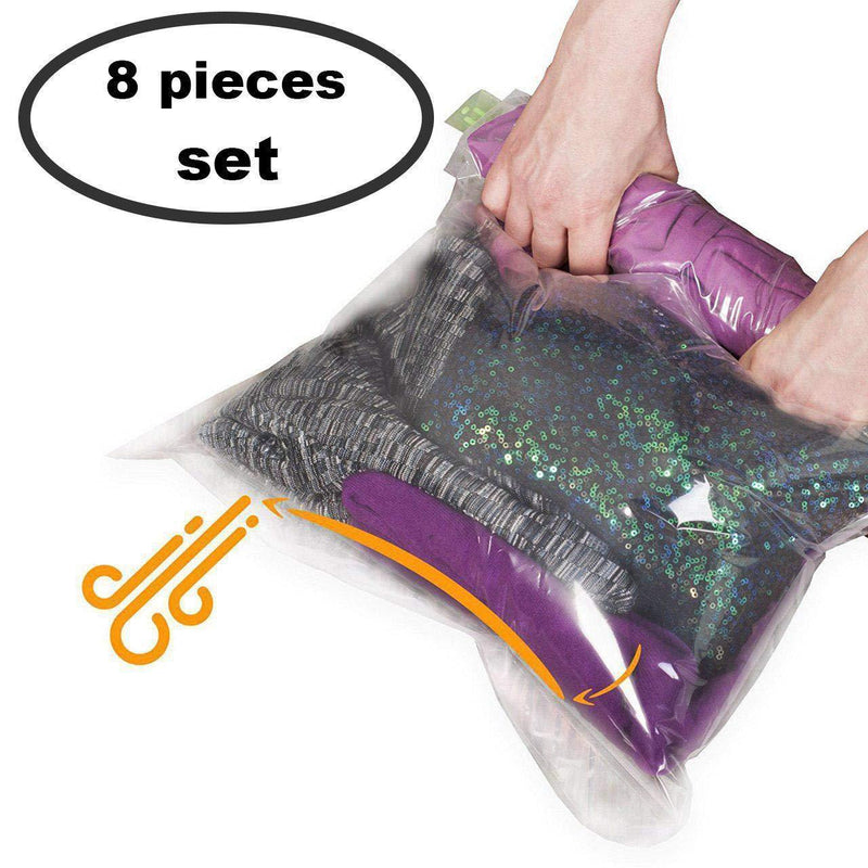QYQBOON 8 Travel Space Saver Bags - No Vacuum or Pump Needed - for Clothes - Reusable - Luggage Compression - Set of 4 L and 4 M Sacks - Transparent