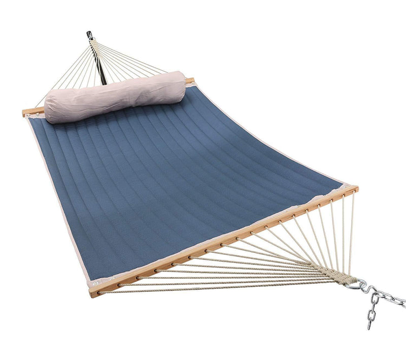 Patio Watcher 11 Feet Quilted Fabric Hammock with Pillow, Double Hammock with Bamboo Wood Spreader Bars, Perfect for Outdoor Patio Yard, Dark Blue