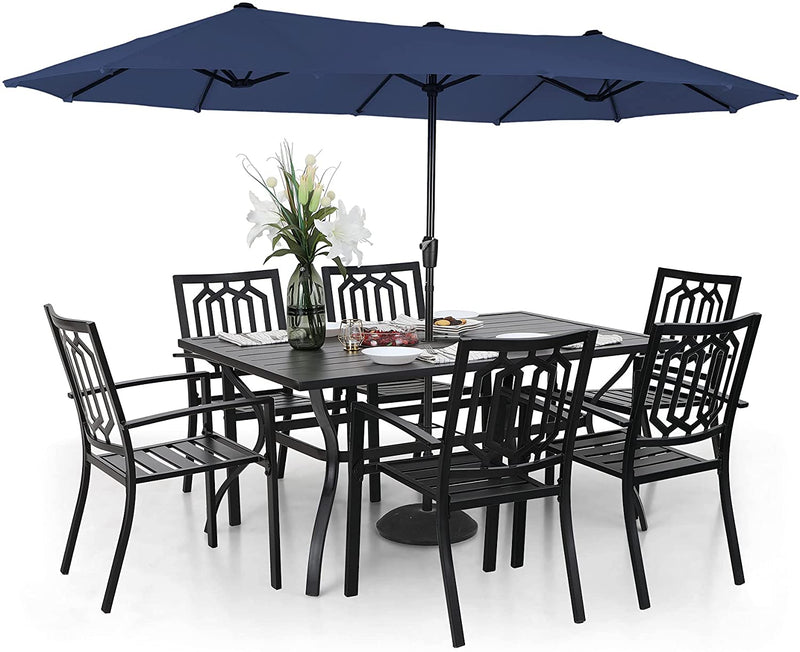 Sophia & William Patio Dining Set with 13ft Double-Sided Patio Umbrella, 8 Piece Metal Outdoor Table Furniture Set - 6 x Outdoor Chairs, 1 x Rectangle Dining Table and 1 Large Navy Blue Umbrella