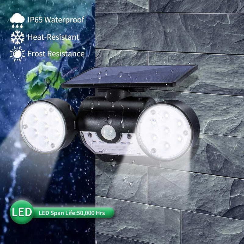 Solar Motion Sensor Light Outdoor Security Lights Dusk-to-Dawn, Rotatable Dual Head, Wireless IP65 Waterproof, LED Wall Light for Patio, Garage and Garden