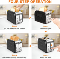Abosi Toaster 2 Slice Wide Slot Abosi Small Retro Stainless Steel Toaster with Defrost/Warm Up/Stop Function,Mini Compact Bread Toasters,6 Shade Settings,Removable Crumb Tray,Black