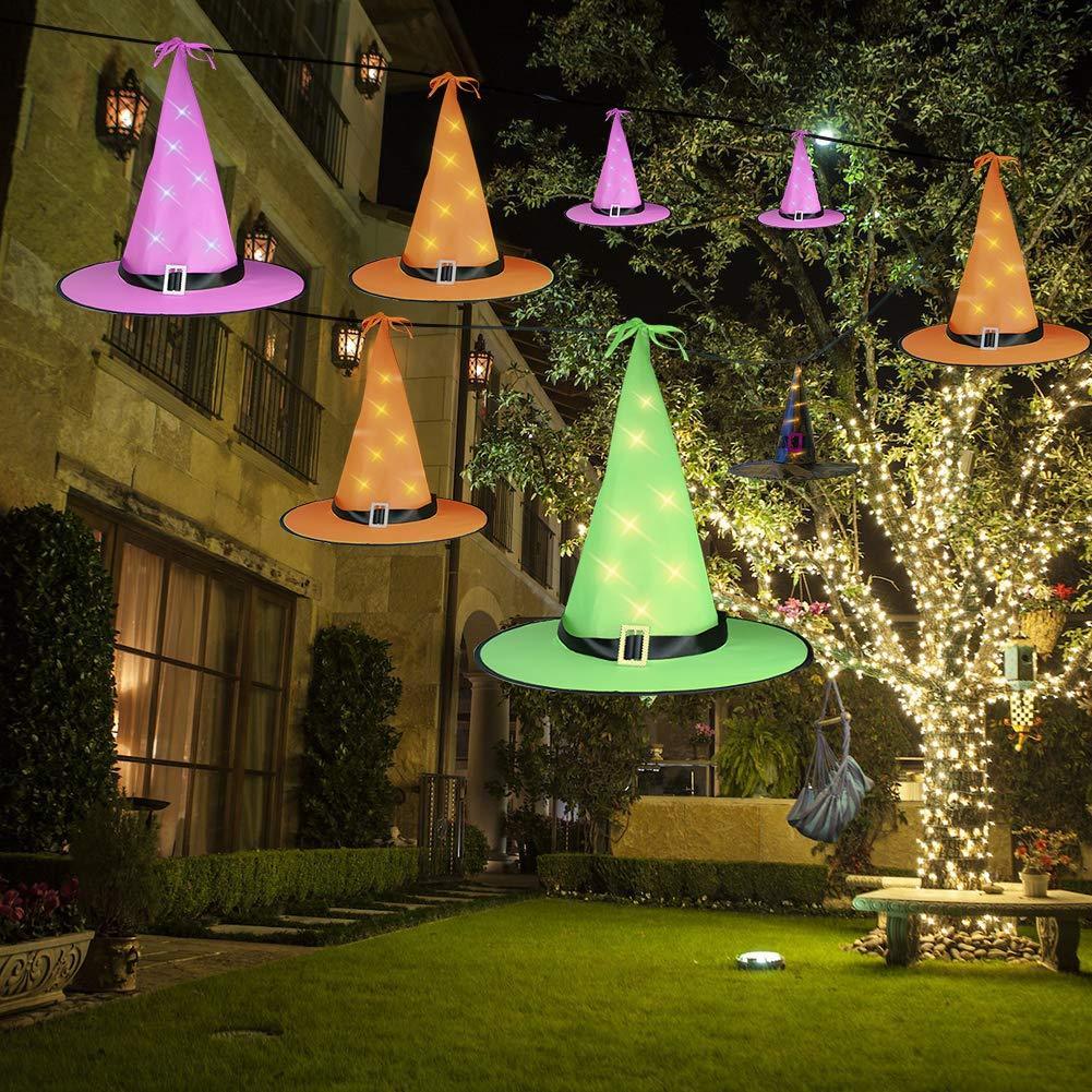 Opard Halloween Decorations Outdoor 8Pcs Hanging Glowing Lighted Witch Hat Decorations String Lights Battery Operated Halloween Décor for Outdoor Yard Tree