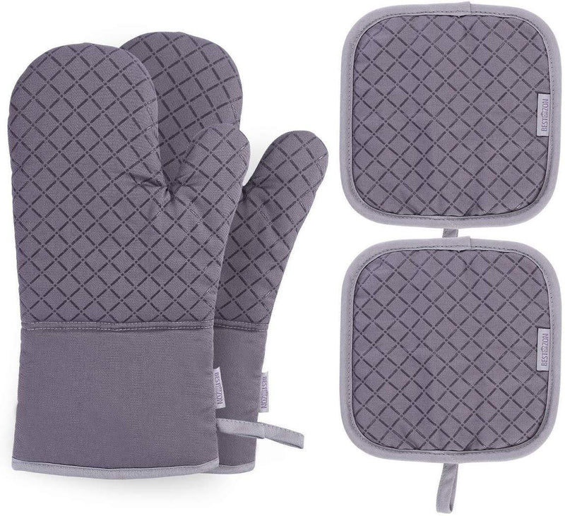 KES Kitchen Oven Mitts Set, Oven Mitts and Pot Holders, Heat Resistant with Quilted Cotton Lining, Non-Slip Surface 4 Pieces for Cooking, Baking, Grilling, Barbecue (Gray)