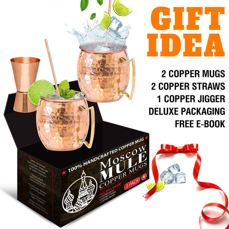 Benicci Moscow Mule Copper Mugs - Set of 2-100% HCNDCRAFTED - Food Safe Pure Solid Copper Mugs - 16 oz Gift Set