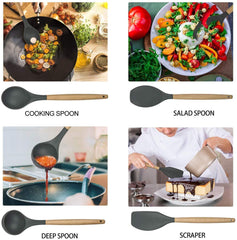 POENSCAE Kitchen Utensils,Silicone Cooking Utensils Set，11-Piece with wood Handles for Non-Stick and Heat Resistant Cookware Set FDA Approved and BPA Free-Great Holiday Gift