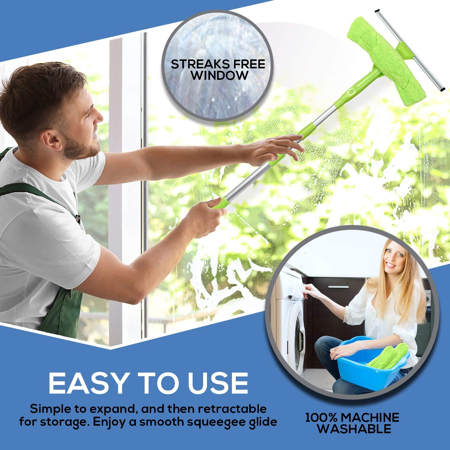 Telescopic Squeegee Window Cleaner Kit! Shower Squeegee, Window Cleaning Tools, Car Windshield Tool and Doors - Indoor/Outdoor Washing Equipment with Telescoping Pole