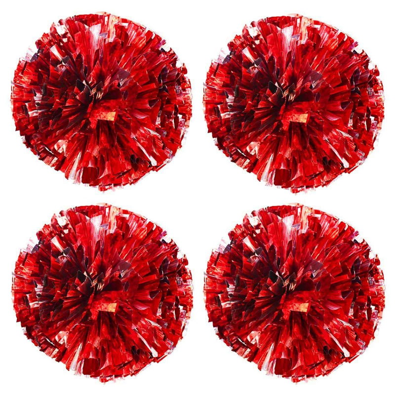 TTSAM 4 Pack (2 Pair) Metallic Foil Cheerleader Pom Poms & Plastic Ring Cheer Poms with Baton Handle Cheerleading Pompoms for Sports Party Dance Team Accessories Cheering Squad Spirit (Red & Silver)