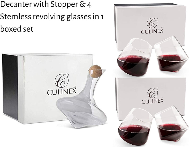 Hand Blown Stemless Wine Glasses, Set of 2 - Naturally Aerating, Elegant Wine Glassware for Cabernet, Pinot Noir, Merlot, and Blends - CulinexCo.com Spinning Wine Tumblers for Him and Her, 12 Oz. by Veracity & Verve