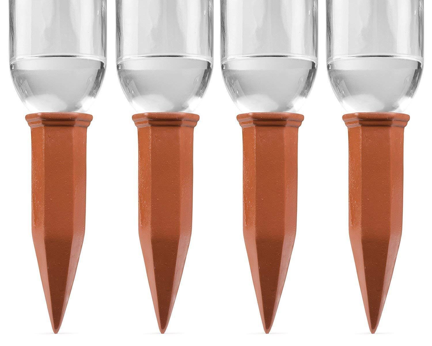 Modern Innovations Terracotta Plant Watering Stakes for Home and Vacation Plant Watering, Set of 4