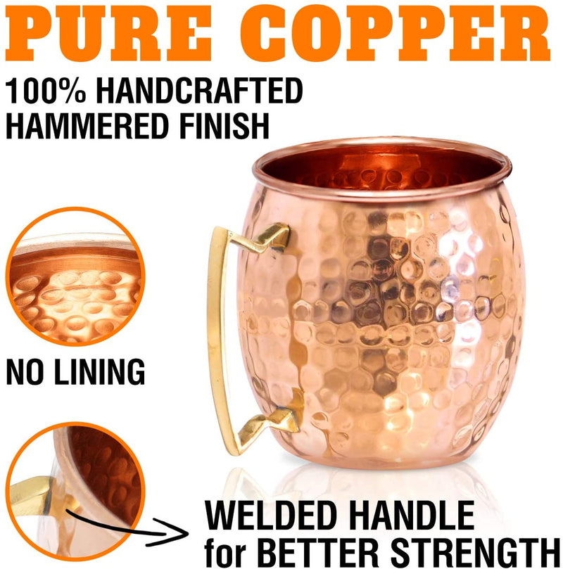 Benicci Moscow Mule Copper Mugs - Set of 2-100% HCNDCRAFTED - Food Safe Pure Solid Copper Mugs - 16 oz Gift Set