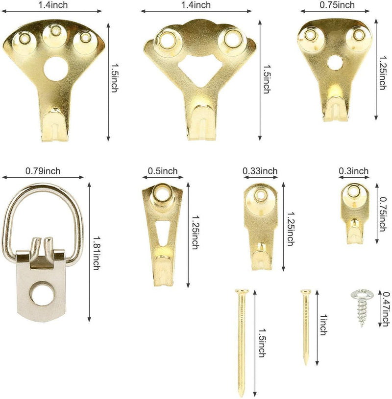 Picture Hangers, Picture Hanging Kit, 168 Pieces Picture Frame Hangers for Heavy Duty Picture Frame with Wall Mounting Nails, Tin Box Included (Golden)