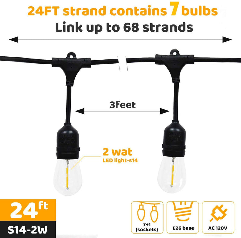 Aceland 24 Ft Waterproof Heavy-Duty LED Outdoor String Lights - Hanging, 7 Head Dimmable 2W Shatterproof Vintage Edison Bulbs Commercial Grade Patio Lights Create Cafe Ambience in Your Backyard