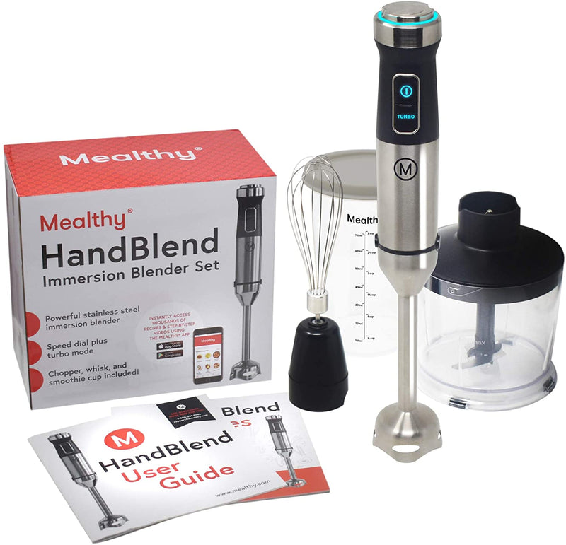 Mealthy Immersion Hand Blender: 500 Watt, 10 Speed Controls Plus Turbo, Includes 500mL Chopper and Whisk, and 600mL Smoothie Cup. Stainless Steel & BPA-free; Instant Access to Recipe App with Videos