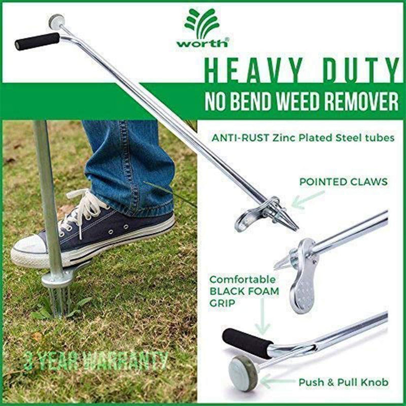Worth Garden Stand-Up Weeder and Root Removal Tool - Ergonomic Weed Puller with A 33” Tall Handle and Foot Pedal - Easy Weed Grabber Made from Rust-Resistant Steel - 3 Year Warranty